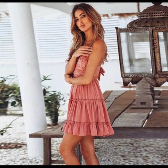 Pink Spaghetti Strap Backless Bow Knot Beach Dress - Picture 4 of 5